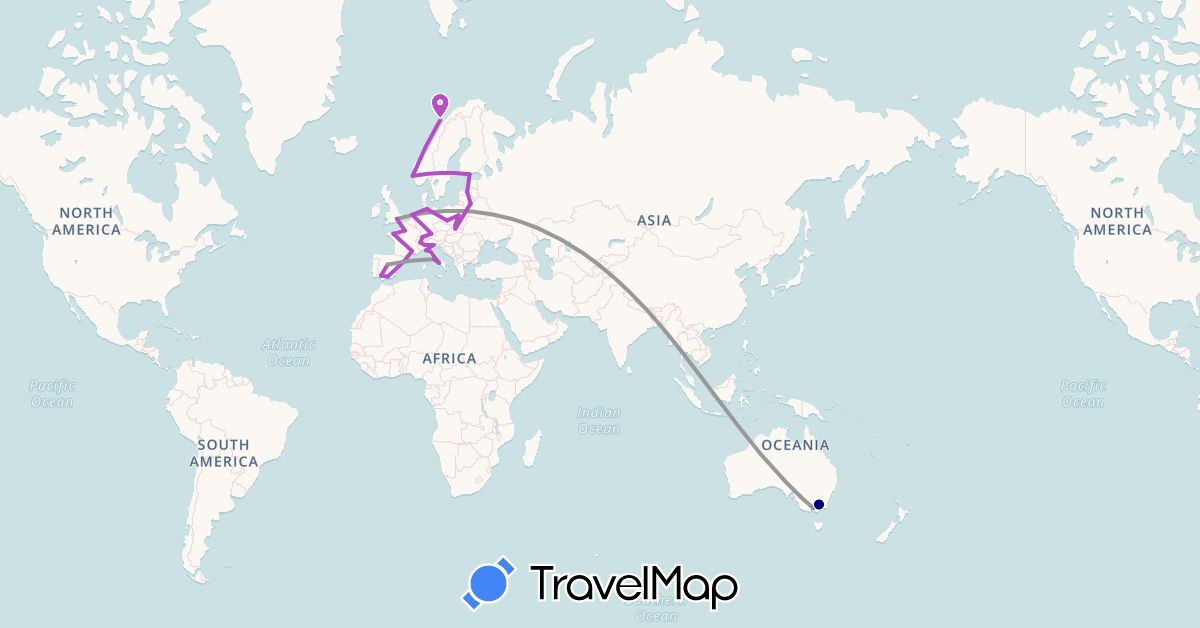 TravelMap itinerary: driving, plane, train in Australia, Switzerland, Germany, Estonia, Spain, Finland, France, United Kingdom, Italy, Lithuania, Latvia, Netherlands, Norway, Poland (Europe, Oceania)